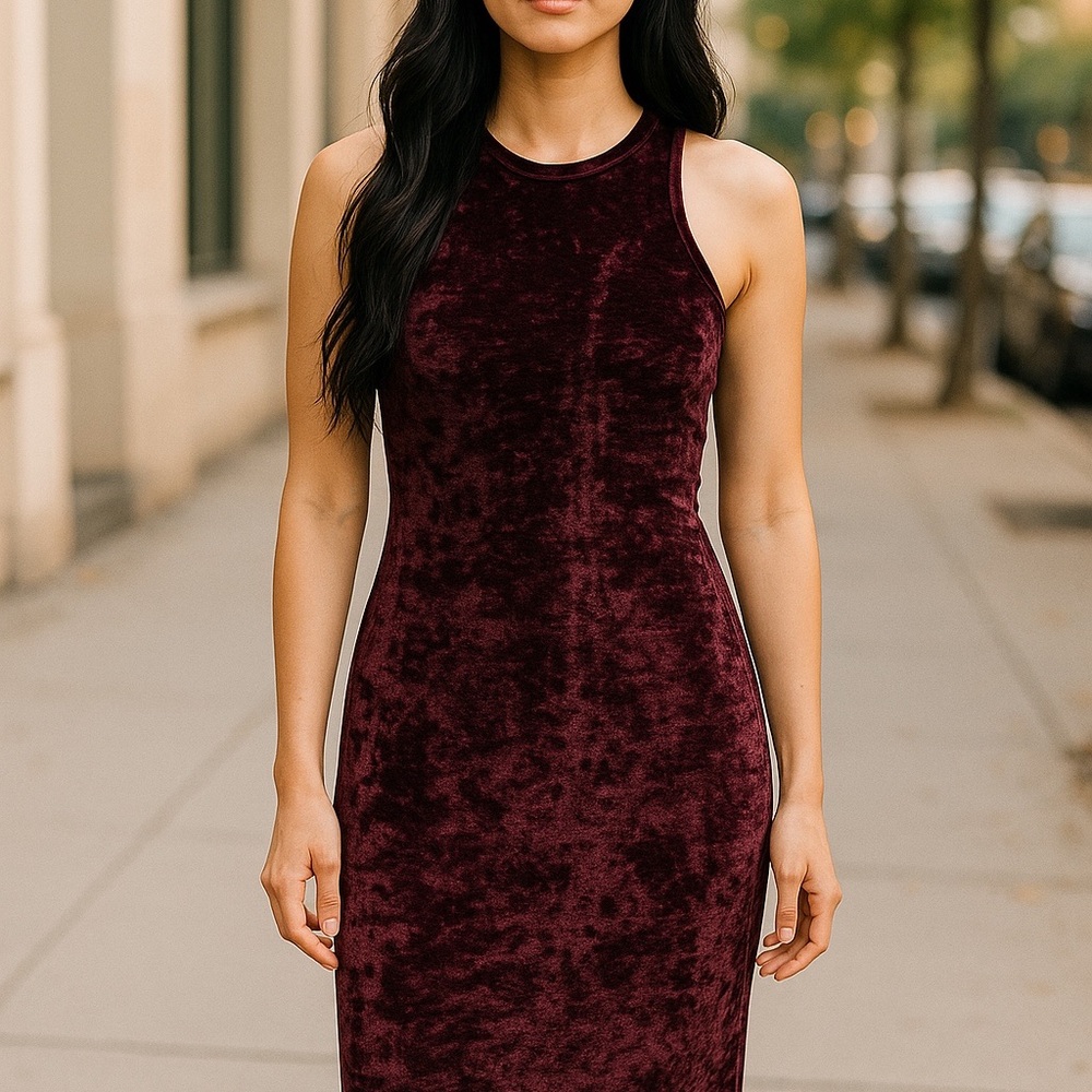Y2K Velvet Sleeveless Midi Dress – Dark Brick / Mauve | Vintage Aesthetic